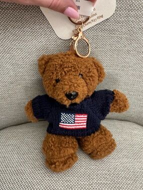 Brown Teddy Bear Keychain with Navy American Flag Sweater